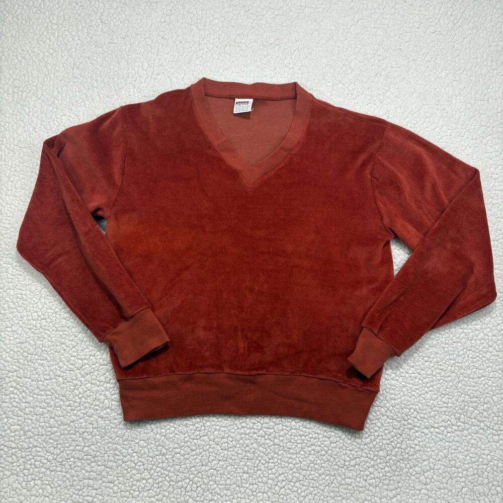 Vintage 70s Montgomery Ward Red Velour Men's L Pullover V-Neck Sweater Velvet